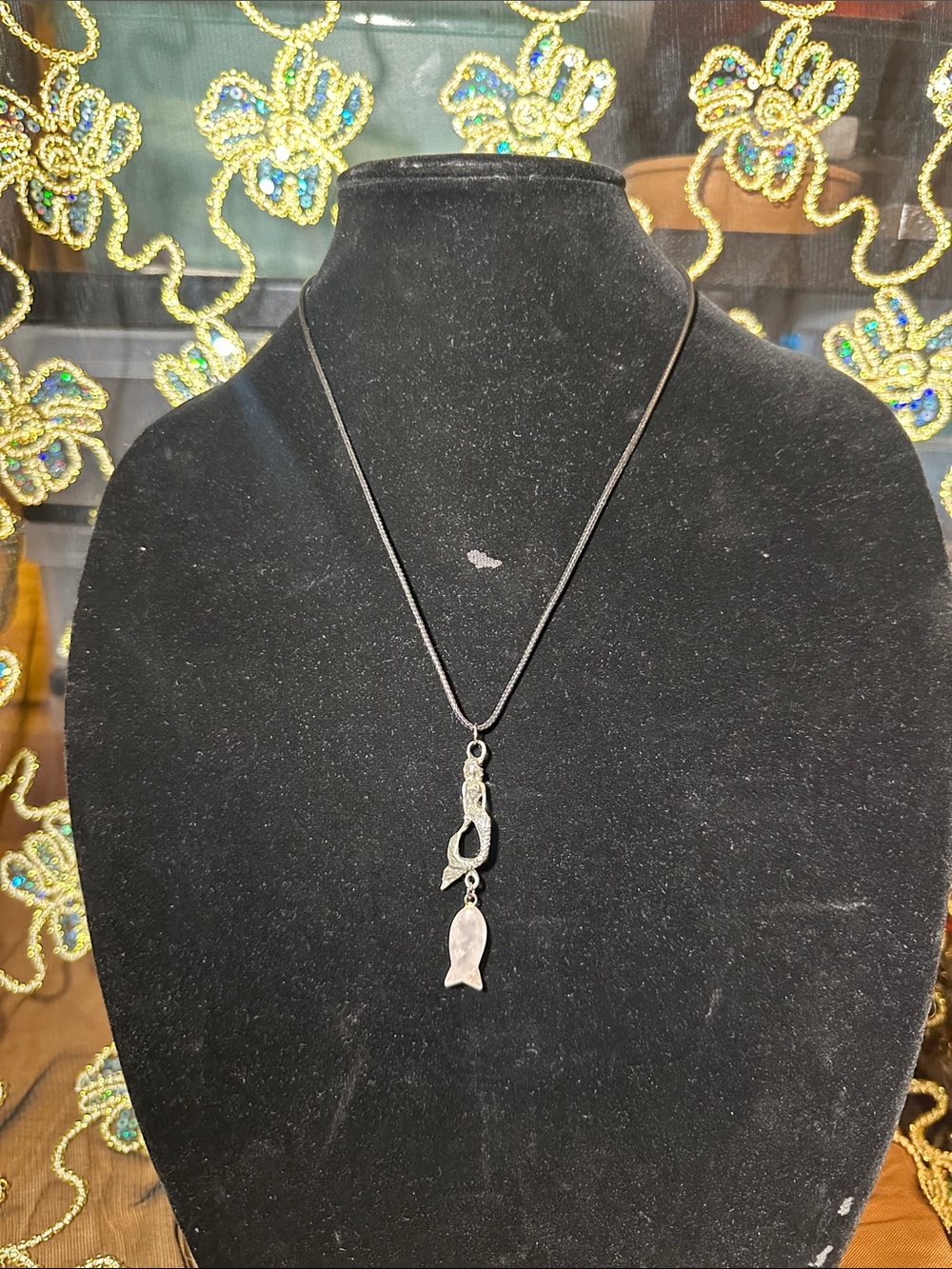 Silver Pewter Mermaid and Fish Pendant Necklace - Black Cord